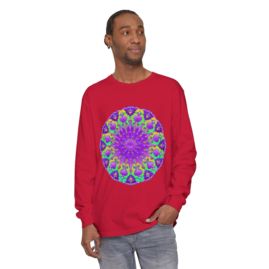 Vibrant purple and green mandala long sleeve t-shirt with intricate design