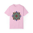 Unisex mandala t-shirt made of 100% ring-spun cotton, designed with hand-drawn mandala art and garment-dyed for extra comfort