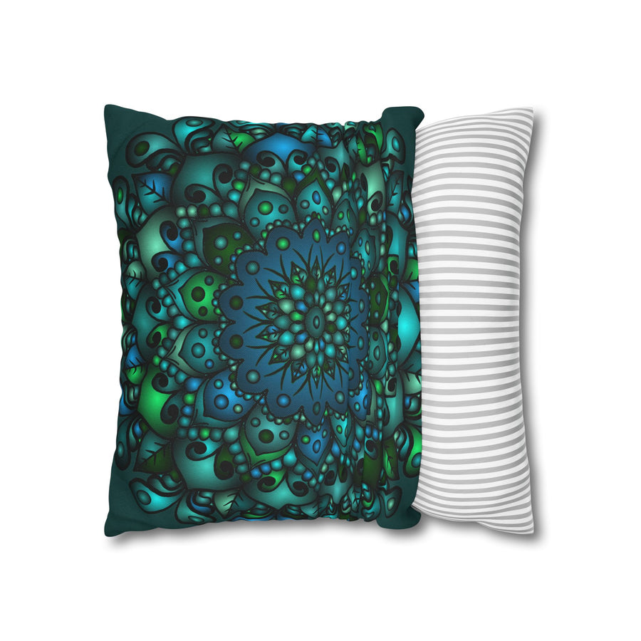 Spun Polyester Square Pillowcase Mandala Art Hand-drawn Design in Petroleum Green