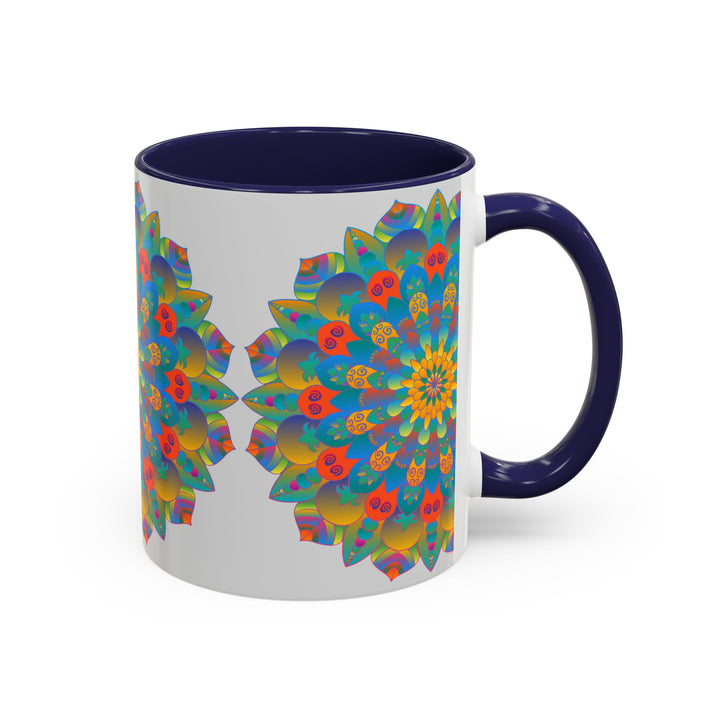 Vibrant yellow, orange, and blue Mandala Art Mug with intricate design