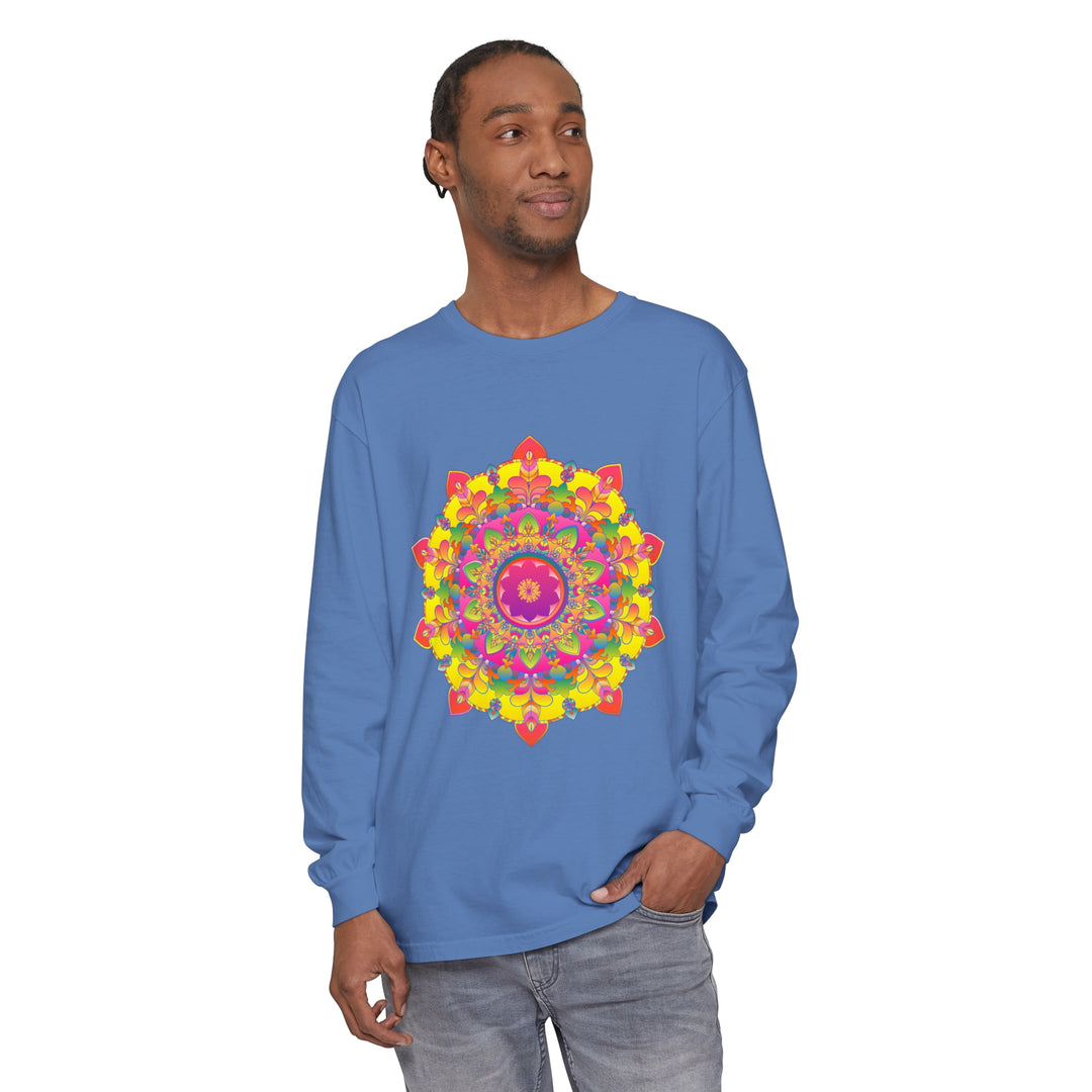 Colorful and intricately designed long sleeve t-shirt featuring a vibrant mandala pattern