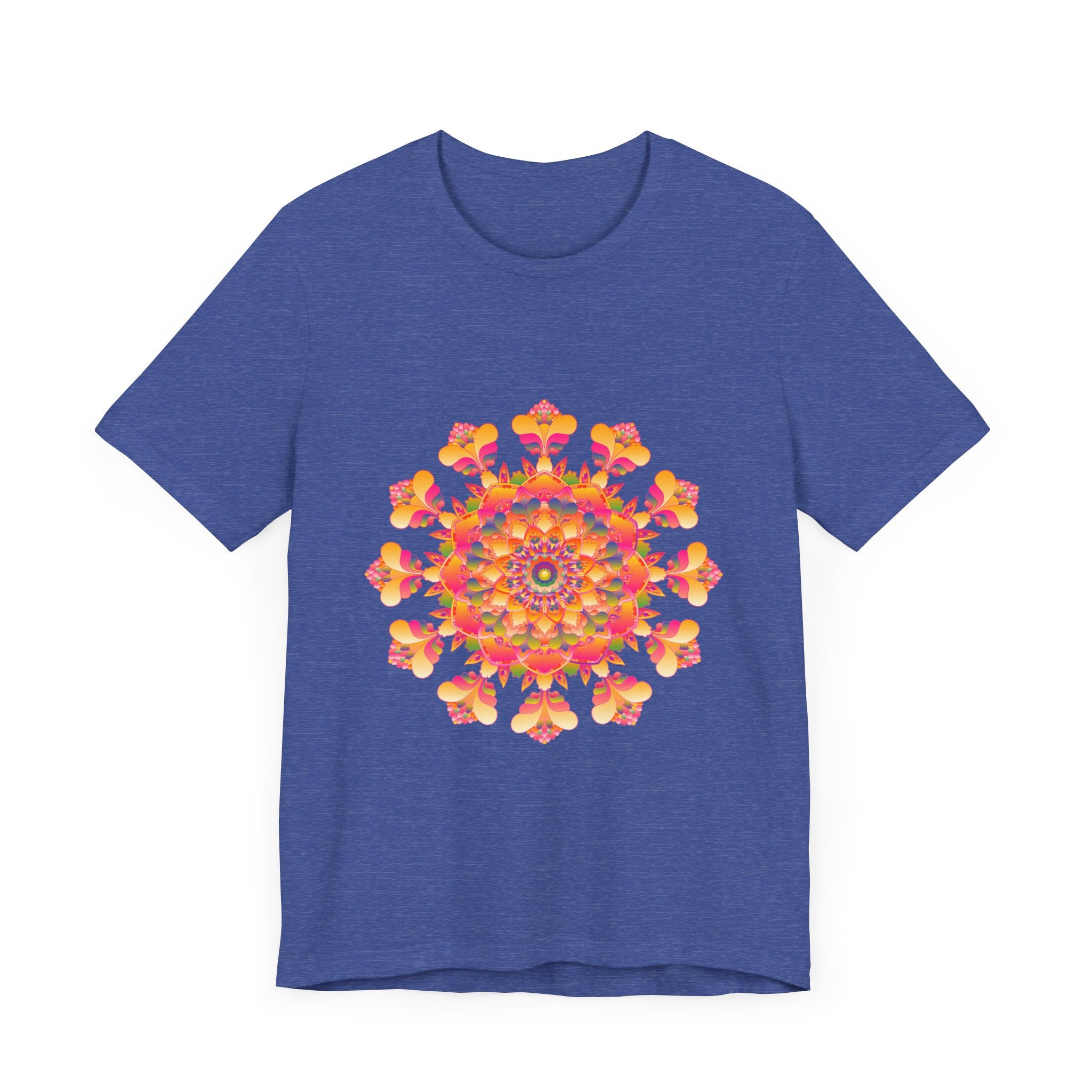 A close-up image of a vibrant mandala tee in pink, yellow, orange, and green colors, showcasing intricate and detailed design