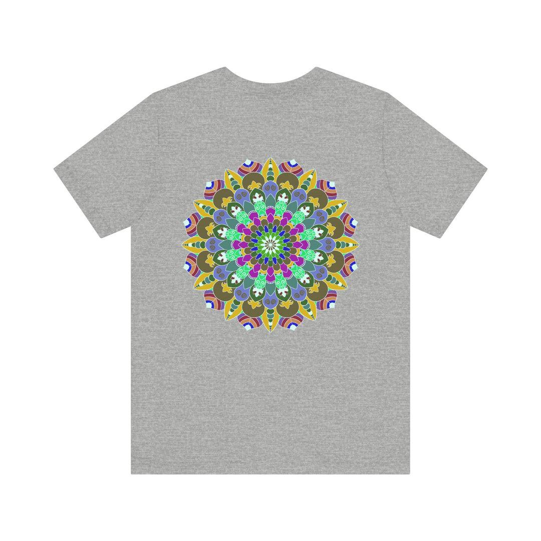 Vibrant Mandala Tee featuring intricate floral design in shades of blue, green, and purple, symbolizing spiritual peace and harmony