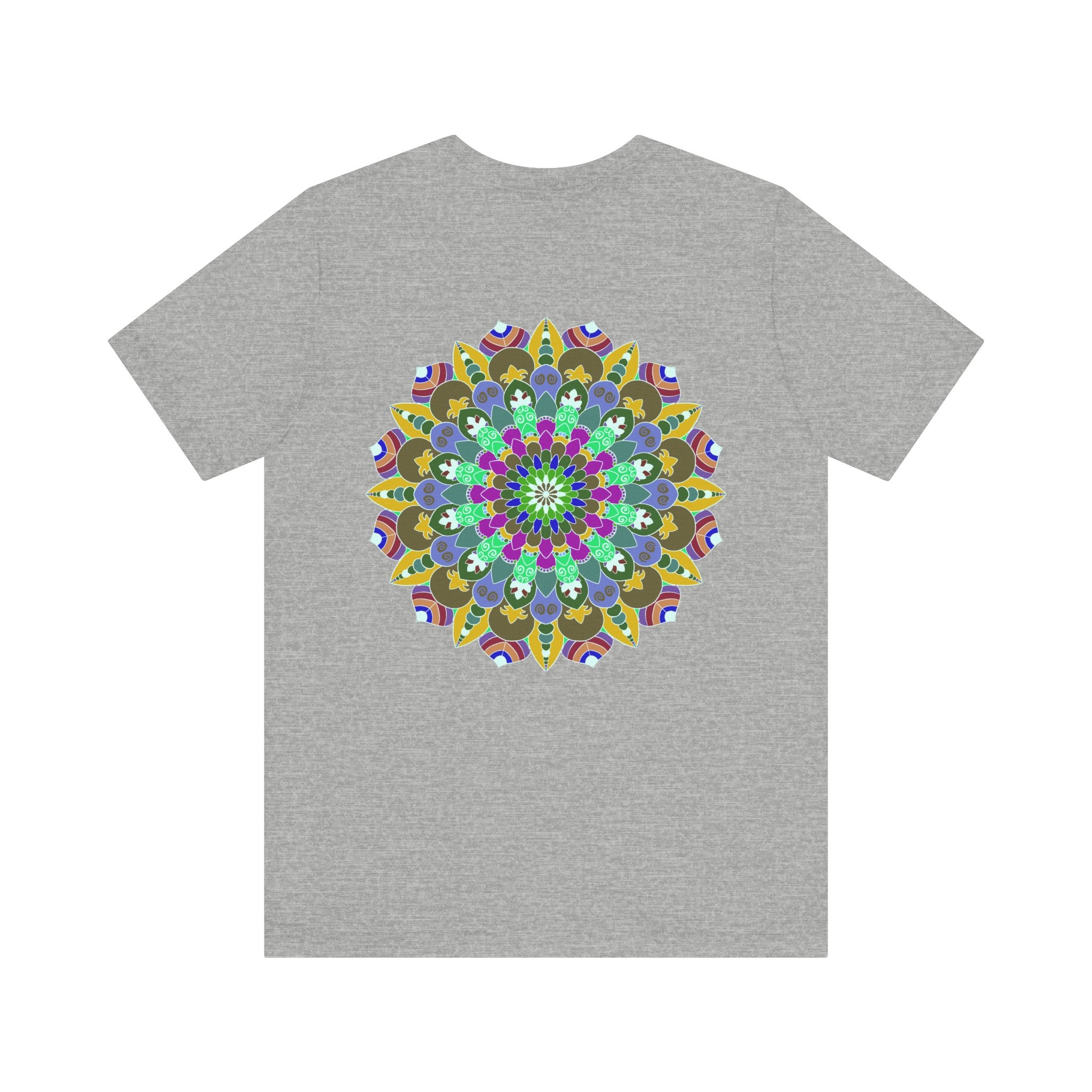 Vibrant Mandala Tee featuring intricate floral design in shades of blue, green, and purple, symbolizing spiritual peace and harmony