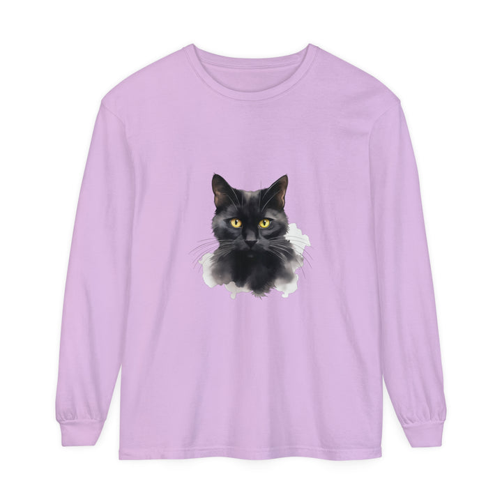 Black Cat Portrait - Unisex Long Sleeve T-Shirt featuring a stunning, detailed illustration of a black cat's face on a comfortable, long-sleeve shirt