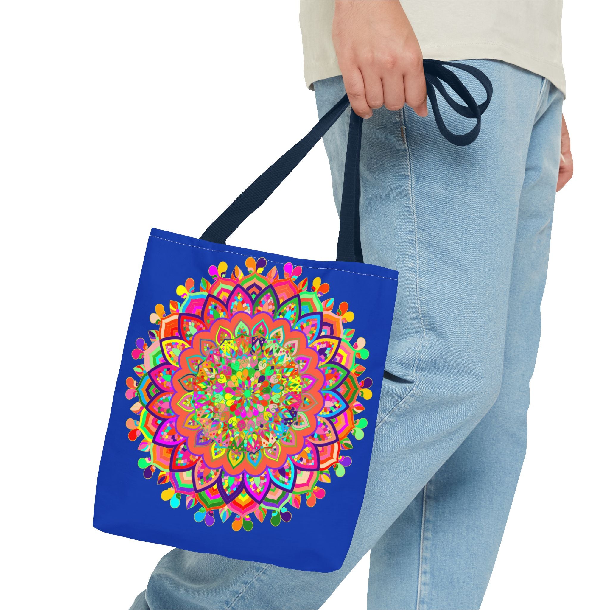 Dark blue tote bag with colorful mandala art design, perfect for carrying your essentials in style