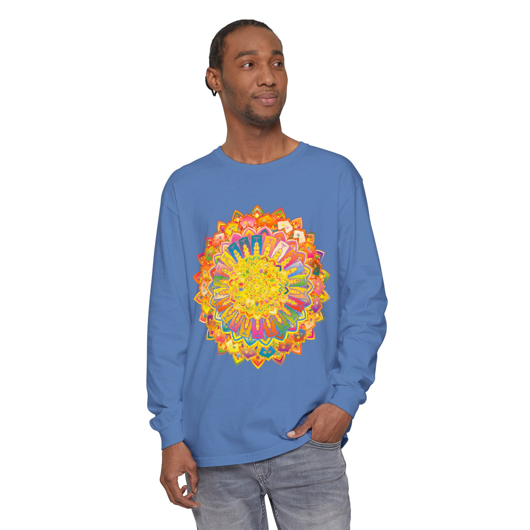 A close-up image of a vibrant and detailed Intricate Mandala Unisex Long Sleeve T-Shirt, featuring intricate patterns and bright colors