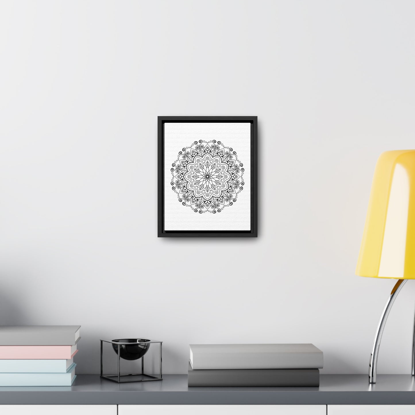 Beautifully intricate mandala handmade art on gallery canvas wraps, in striking black and white, perfect for vertical framing as wall art