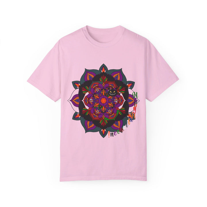 Handmade Mandala Design Halloween T-shirt featuring intricate black and orange mandala pattern, perfect for both men and women to wear during the spooky season