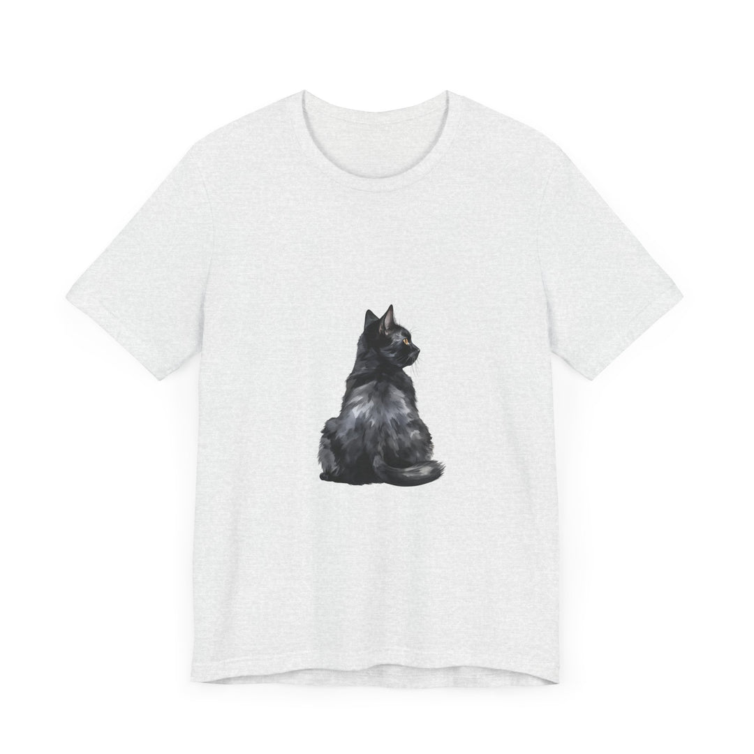 A black t-shirt featuring a mystical illustration of a cat with glowing eyes and a moon in the background