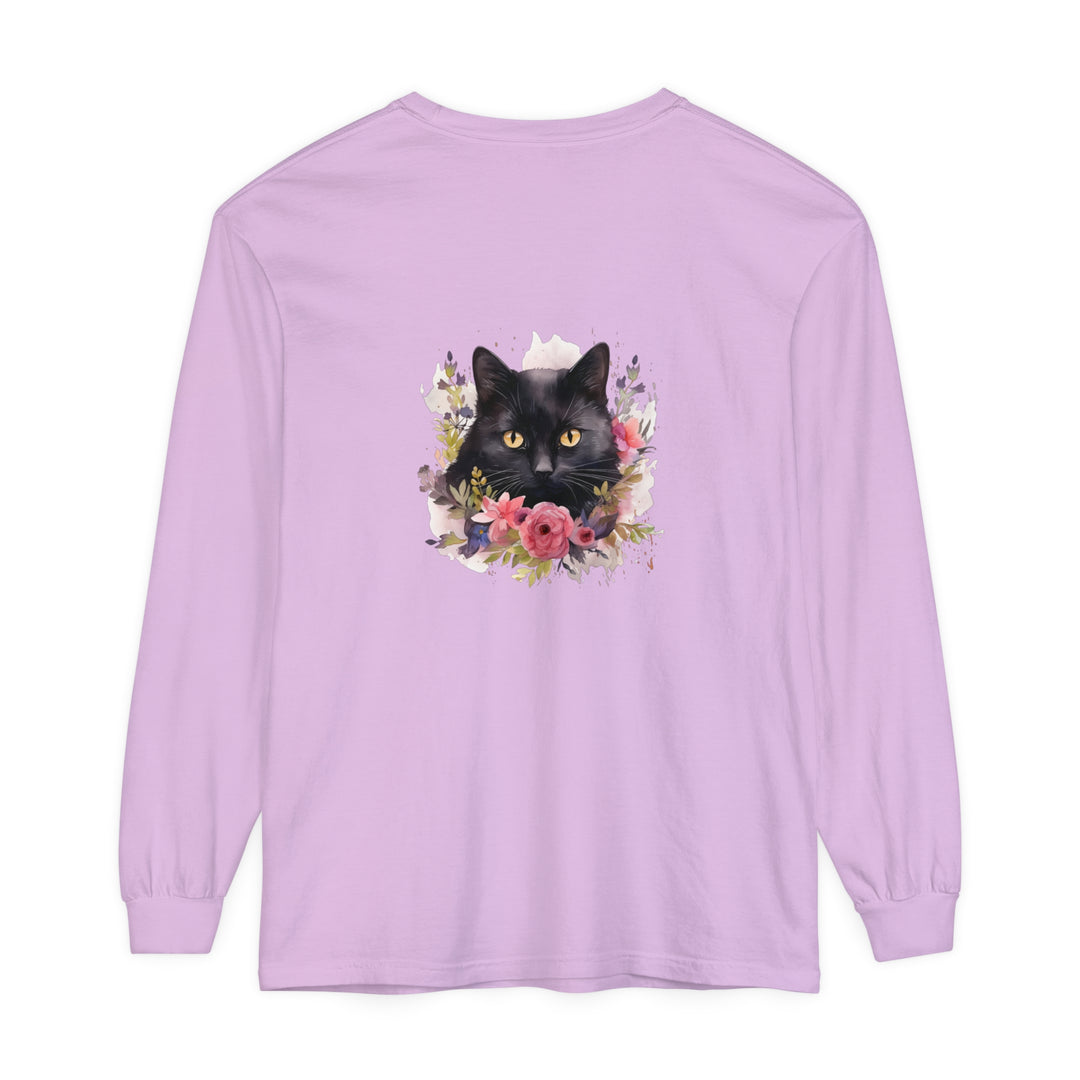 Black Cat Floral Watercolor Long Sleeve T-Shirt featuring a beautiful watercolor floral design and a cute black cat graphic on the front