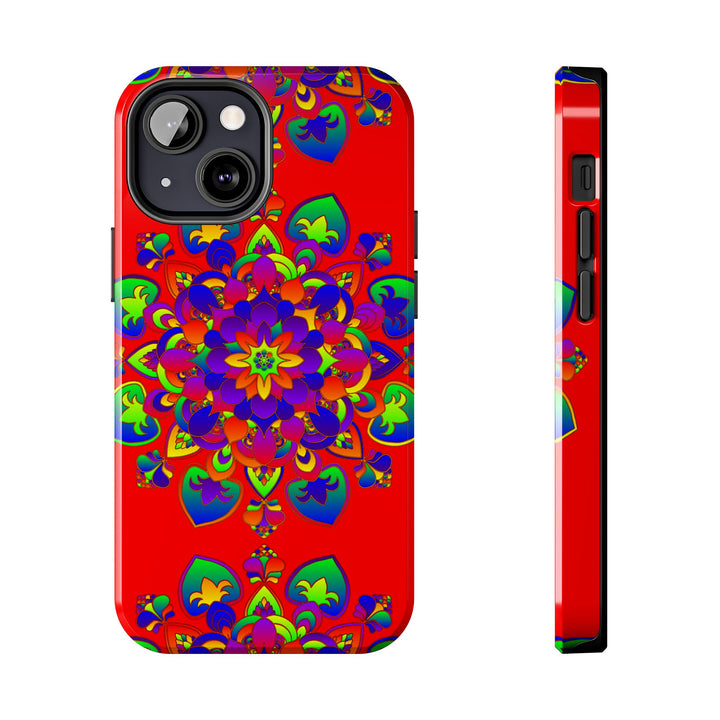 A detailed and intricate hand drawn red mandala art design on a phone case