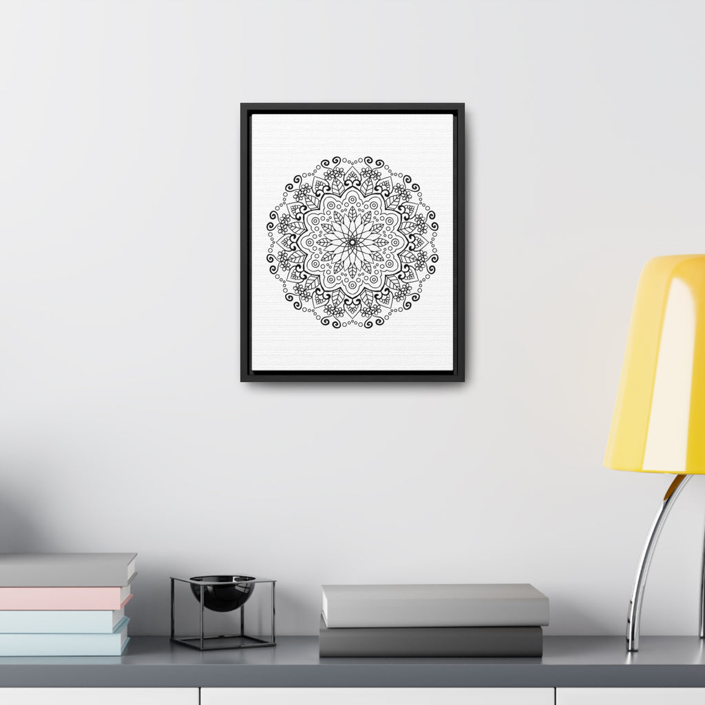 Handmade black and white mandala art on gallery canvas wraps displayed in vertical frame