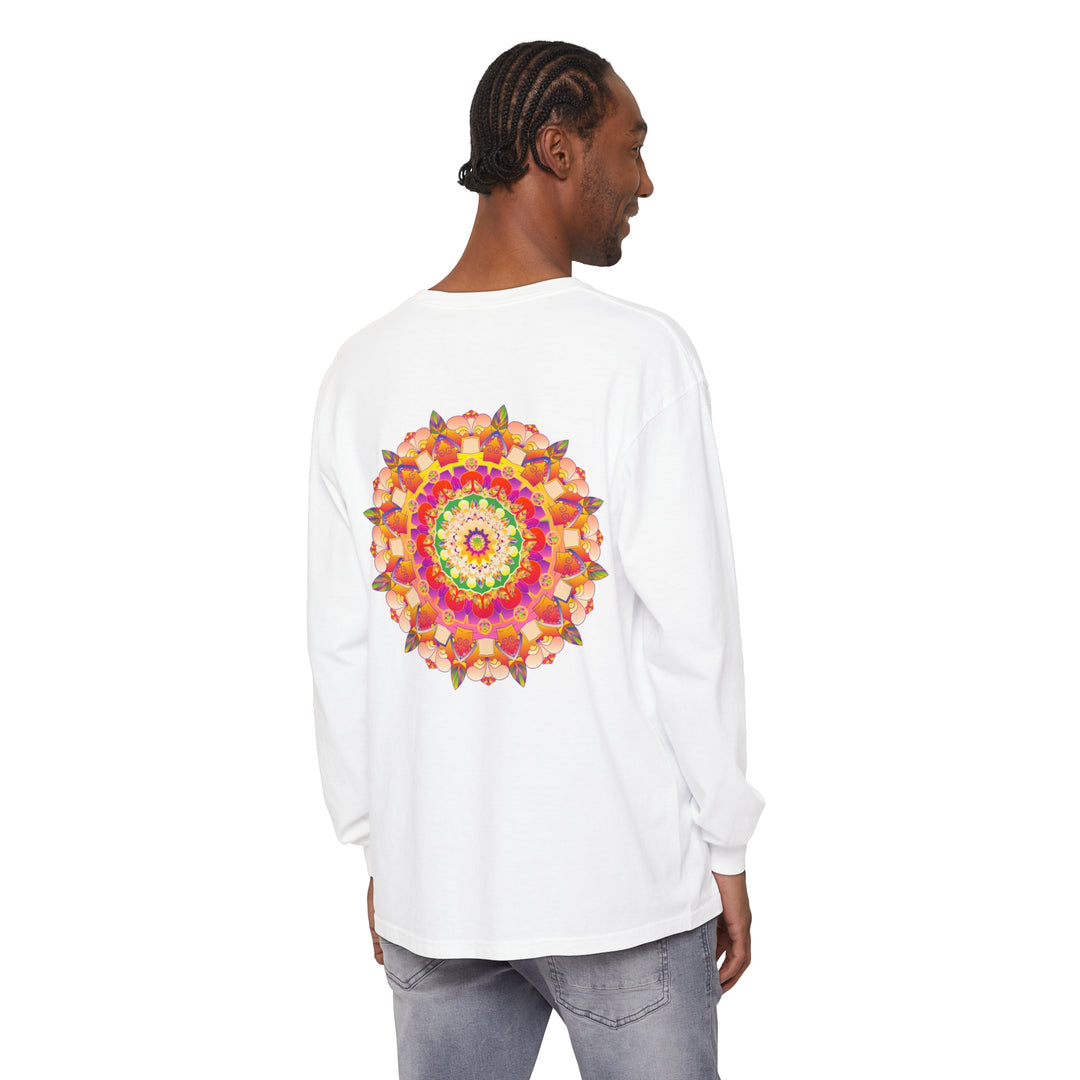 Colorful and intricate mandala design on a unisex long sleeve t-shirt