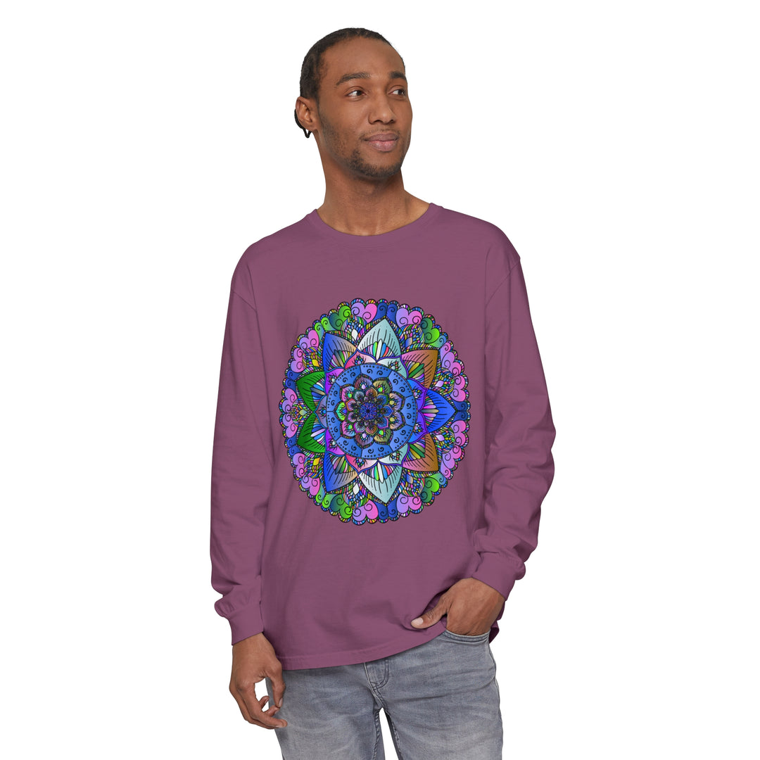 Colorful and intricate mandala design on a unisex long sleeve t-shirt