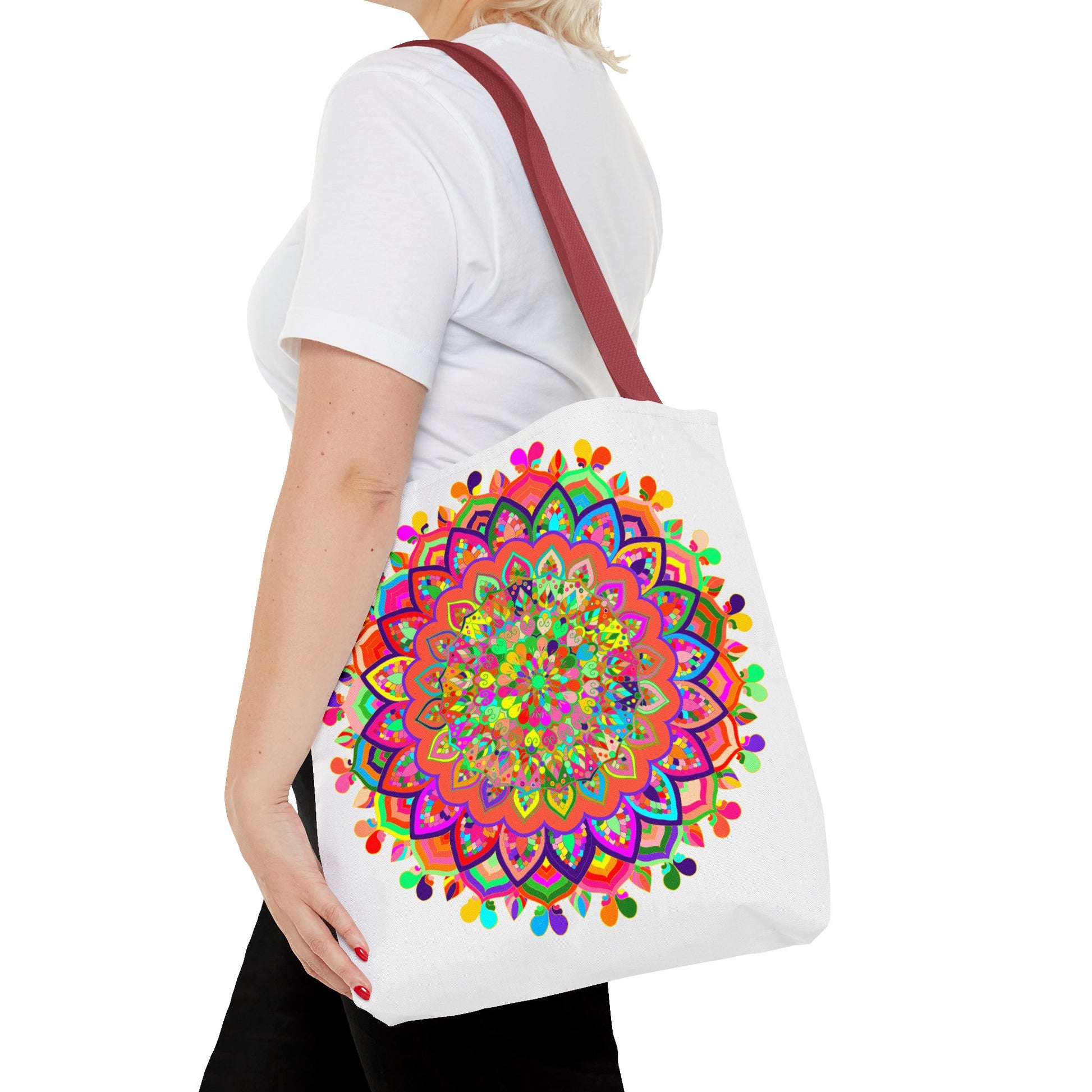 Vibrant and intricate mandala art design on a spacious tote bag