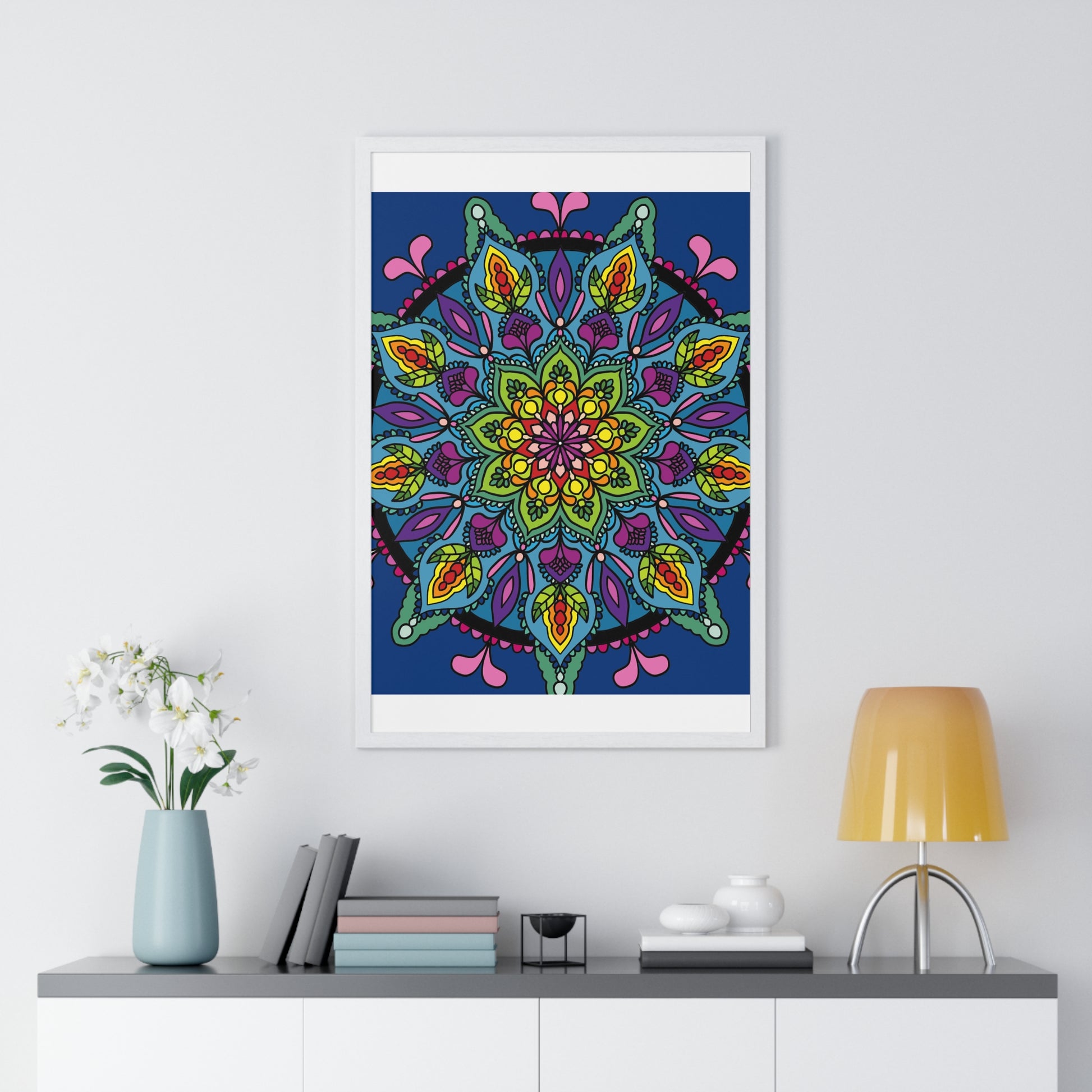 Vertical framed poster with a hand-drawn blue mandala design, perfect for mindfulness and yoga