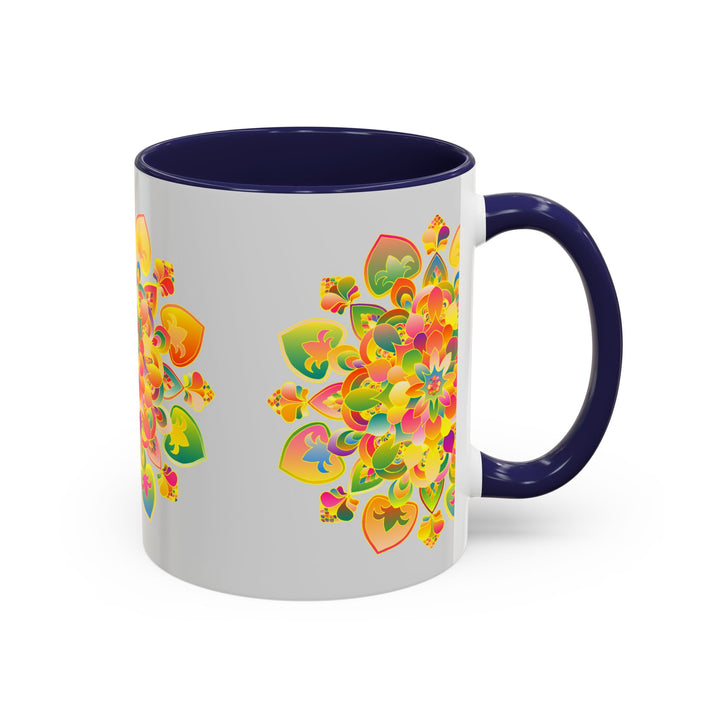 Handcrafted ceramic mug with beautiful mandala art and colorful flowers