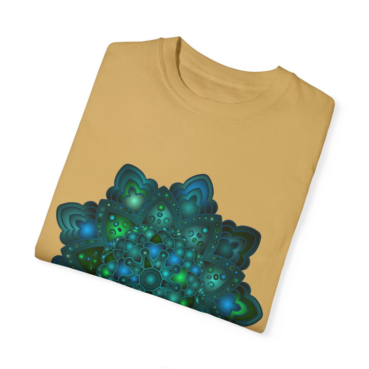 Unisex blue and green mandala t-shirt with intricate, detailed design