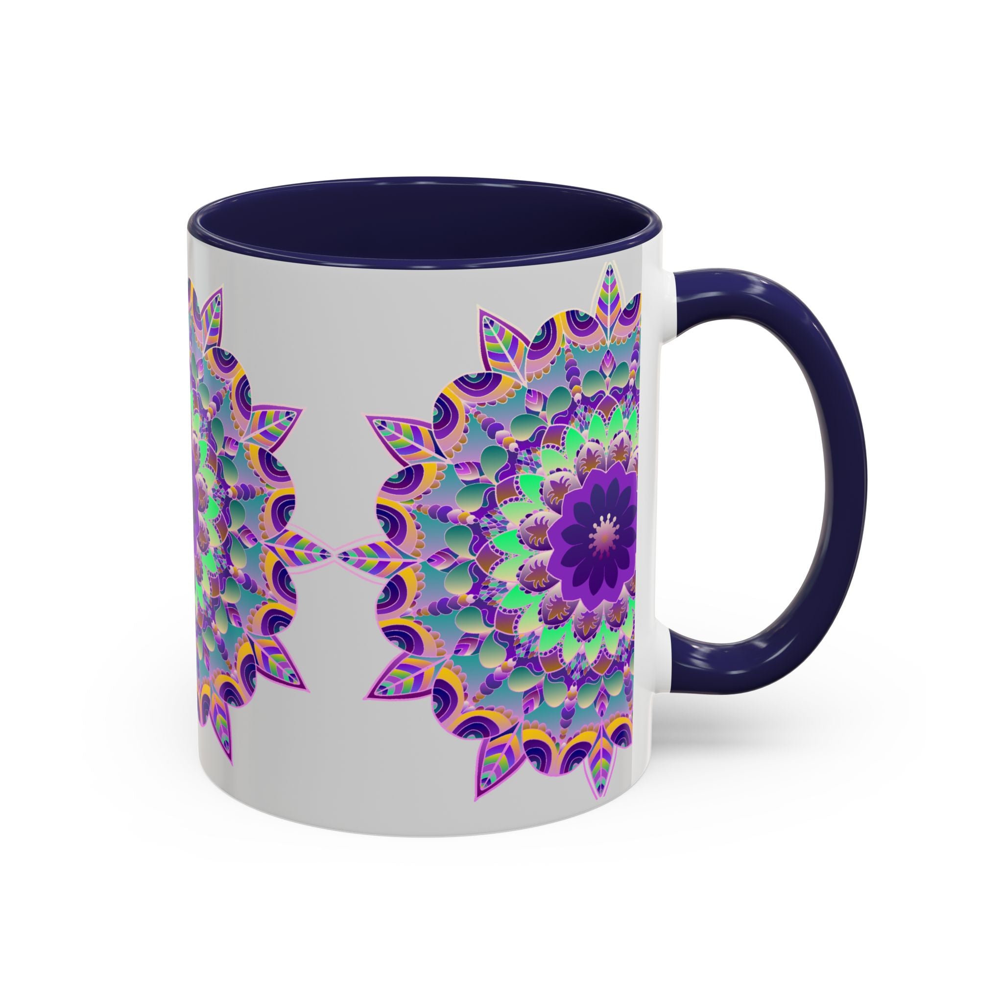 Vibrant Mandala Art Mug in Light Grey with Intricate Design and Colorful Patterns