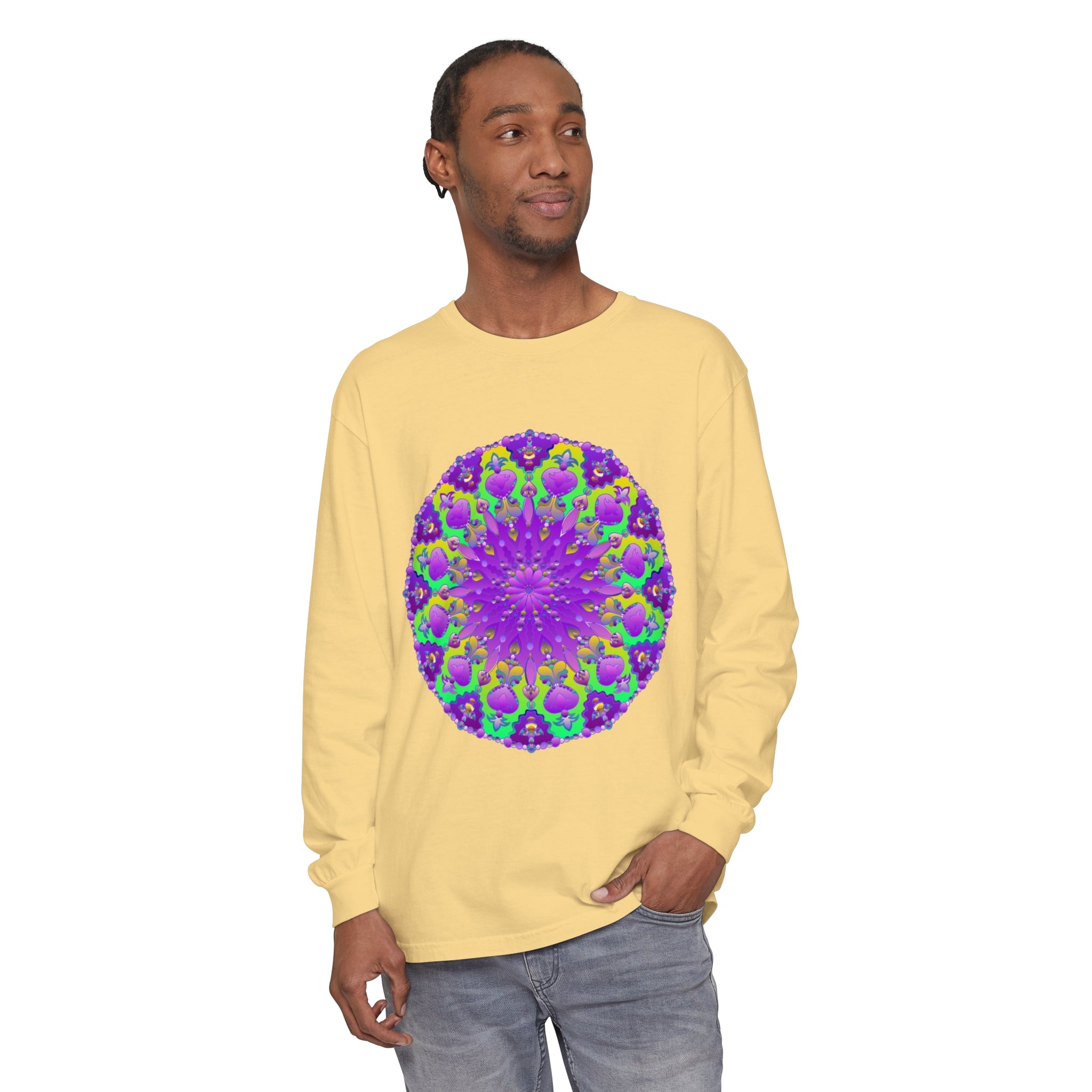 Colorful long sleeve t-shirt with intricate purple and green mandala design