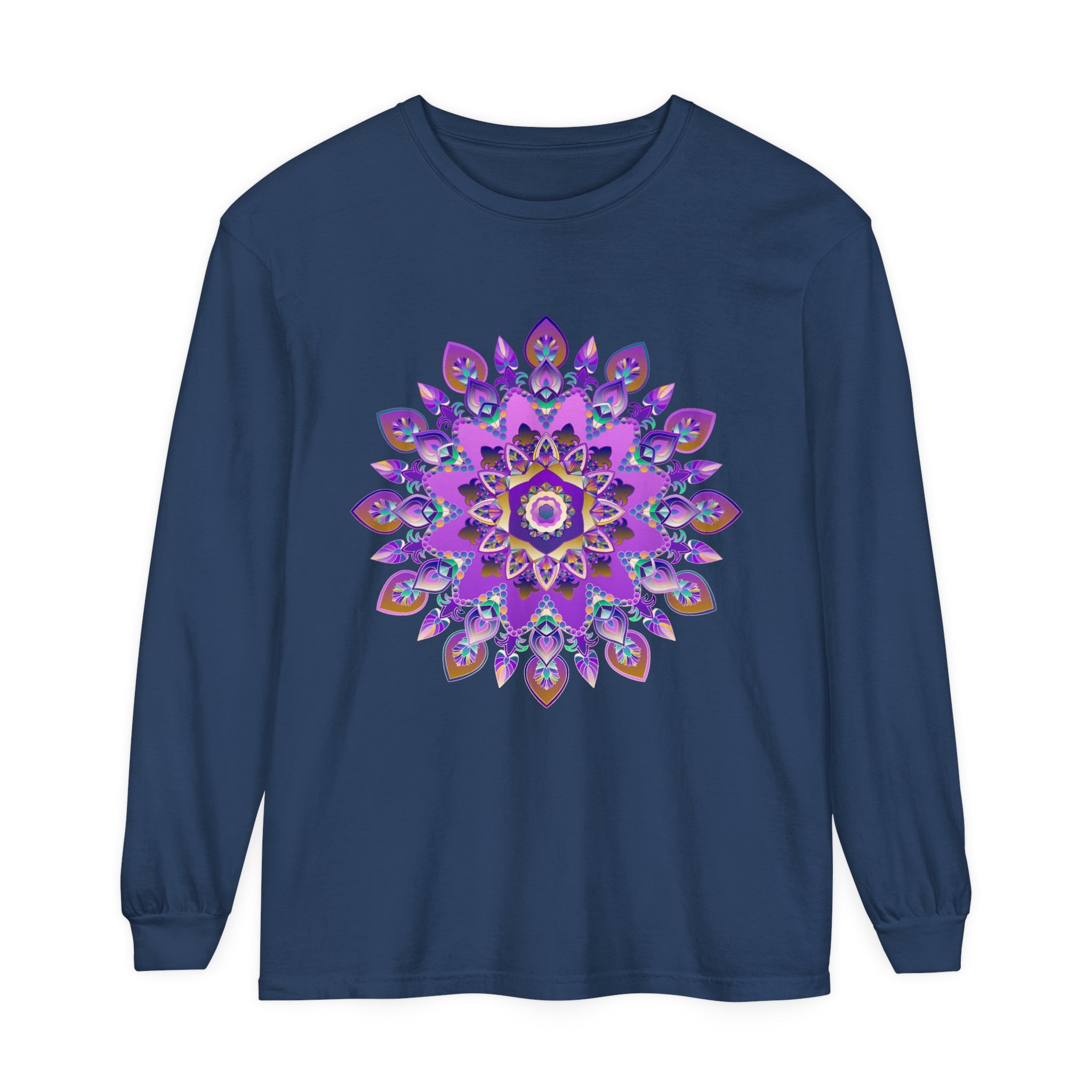 Beautiful purple and gold mandala long sleeve t-shirt with intricate design