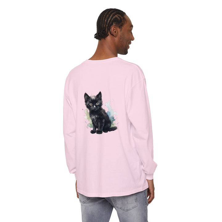 Black Kitten Watercolor Long Sleeve T-Shirt with realistic watercolor kitten graphic