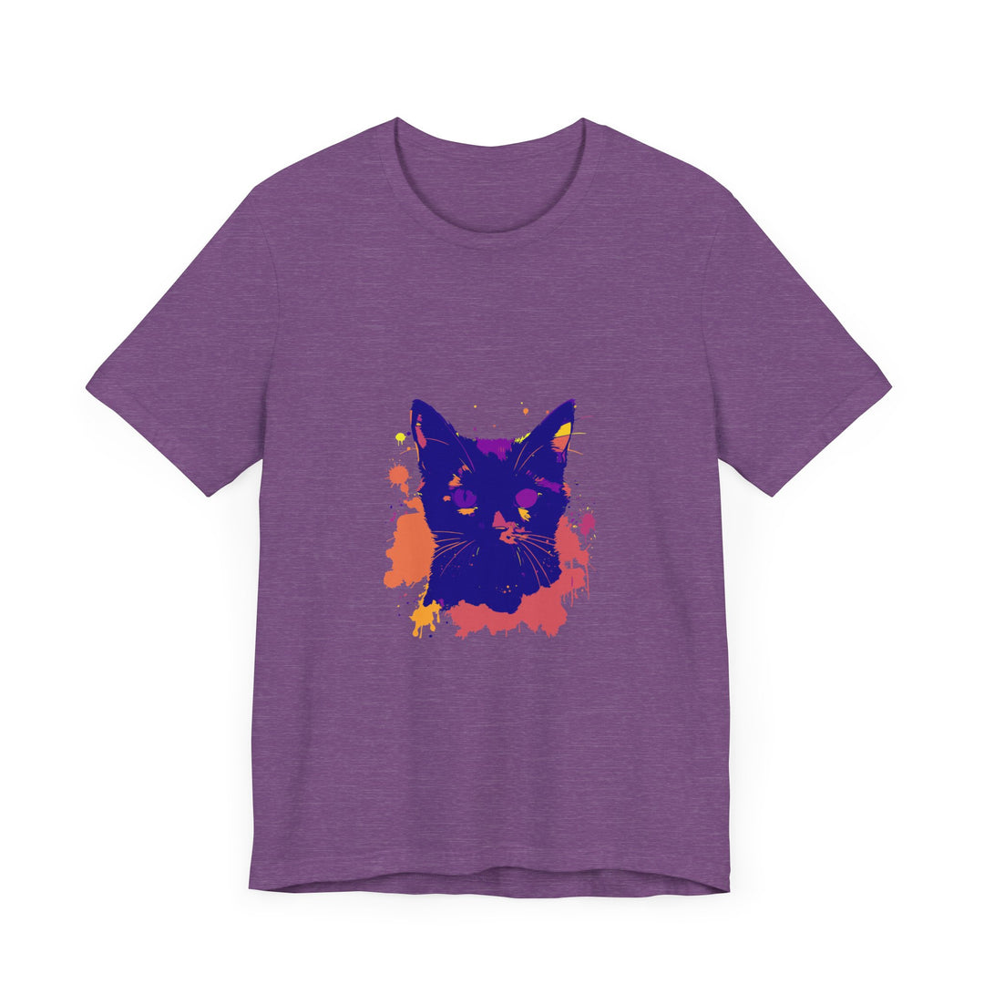 A unique and trendy black cat mystery t-shirt featuring a vibrant splatter