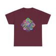 Black unisex heavy cotton tee with a colorful mandala art design that promotes mindfulness and yoga practice