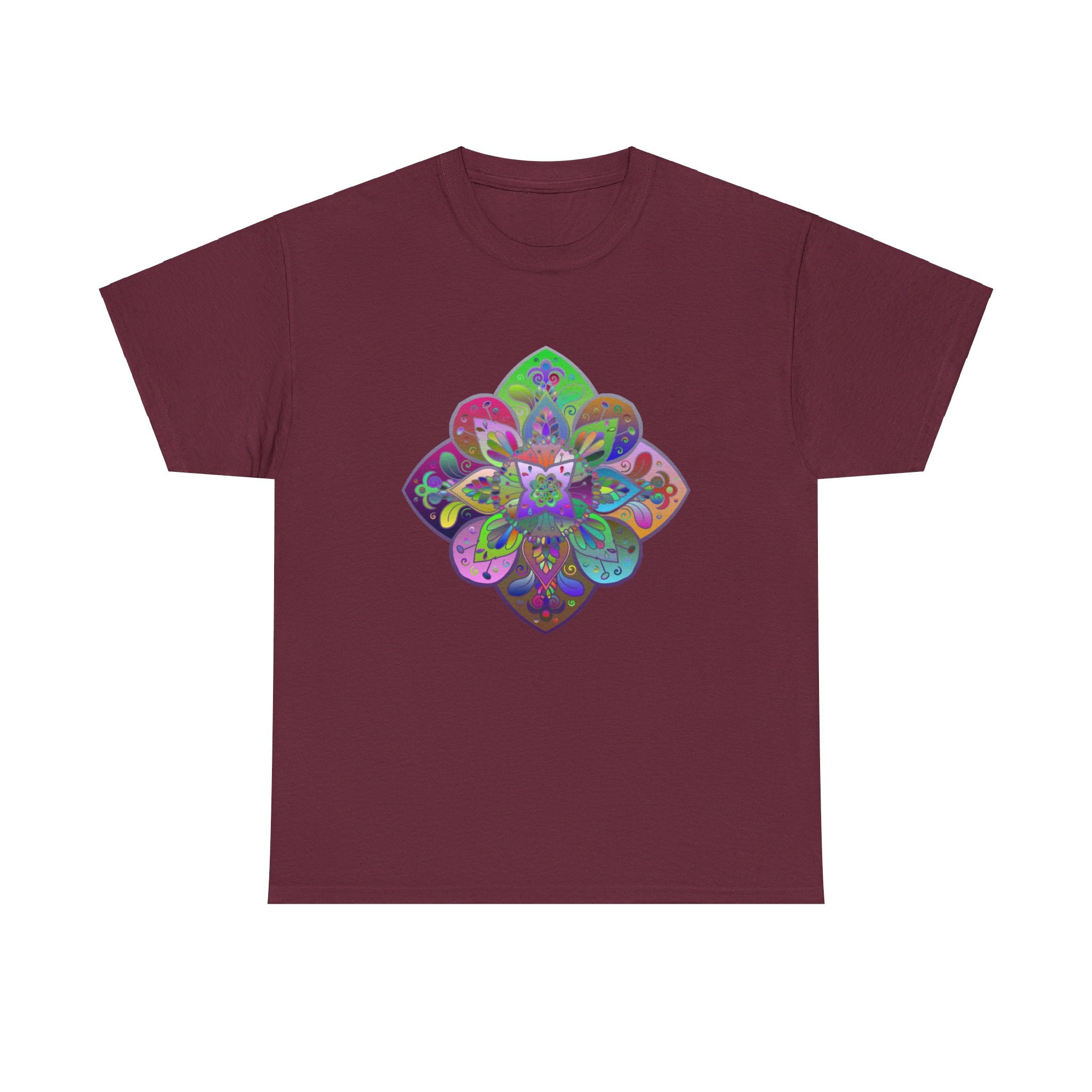 Black unisex heavy cotton tee with a colorful mandala art design that promotes mindfulness and yoga practice