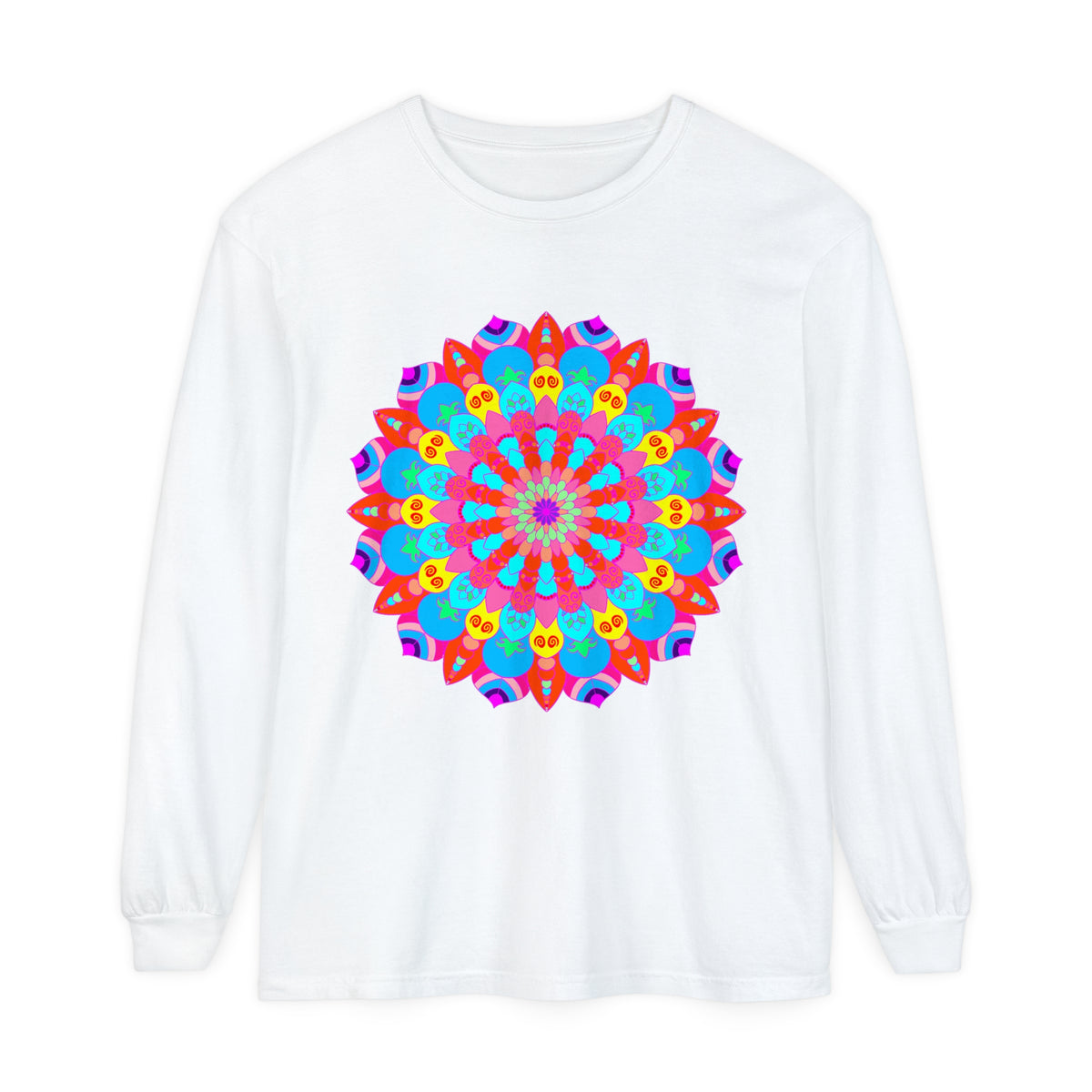 Colorful Mandala Unisex Long Sleeve T-Shirt featuring intricate, vibrant design