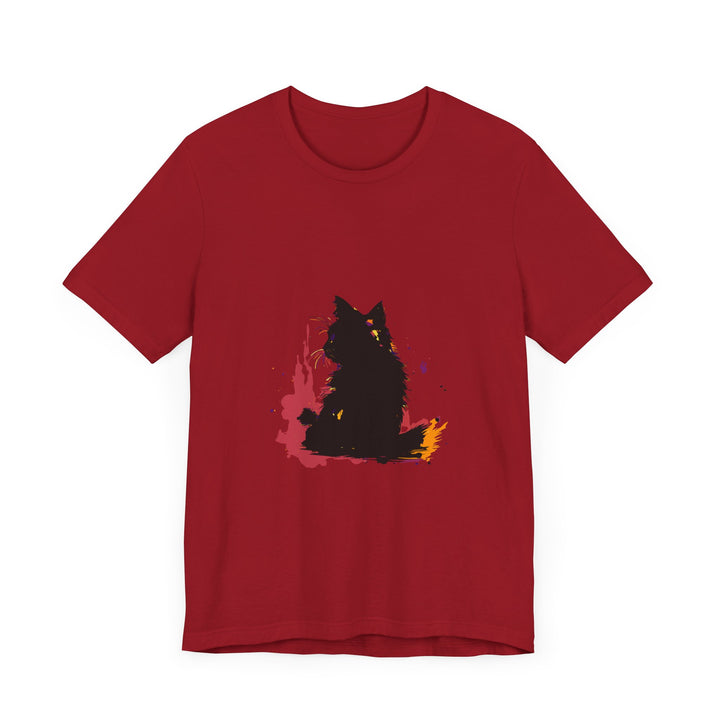 Black Cat Mystery T-Shirt featuring vibrant and colorful splatter art design