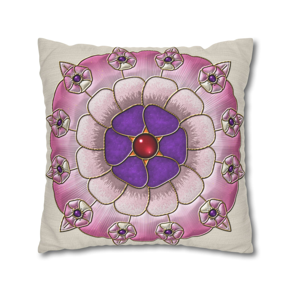 Federa quadrata con motivo a mandala floreale rosa e viola