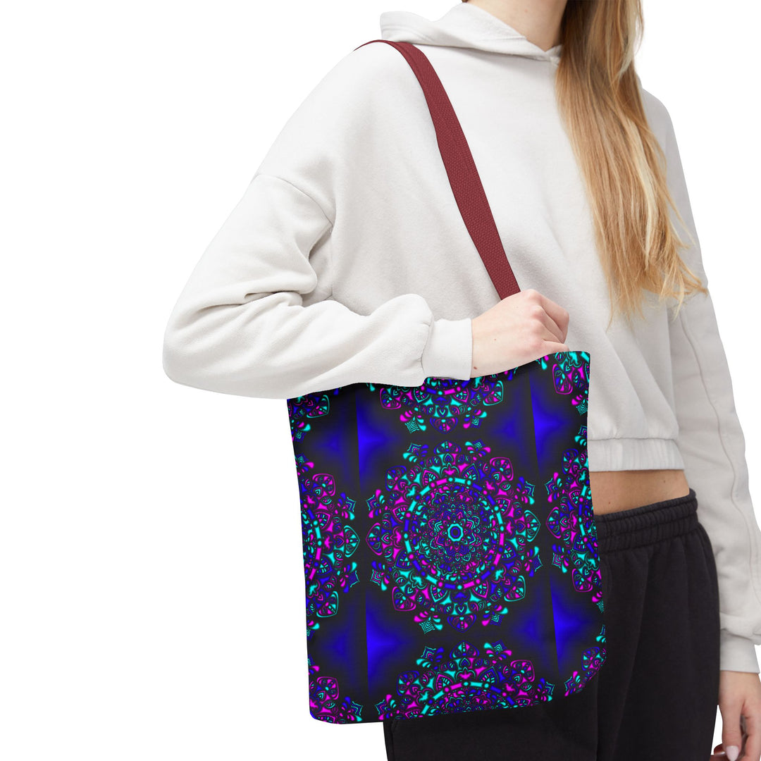 Kaleidoscope Mandala Tote Bag — Vibrant Neon Floral Pattern