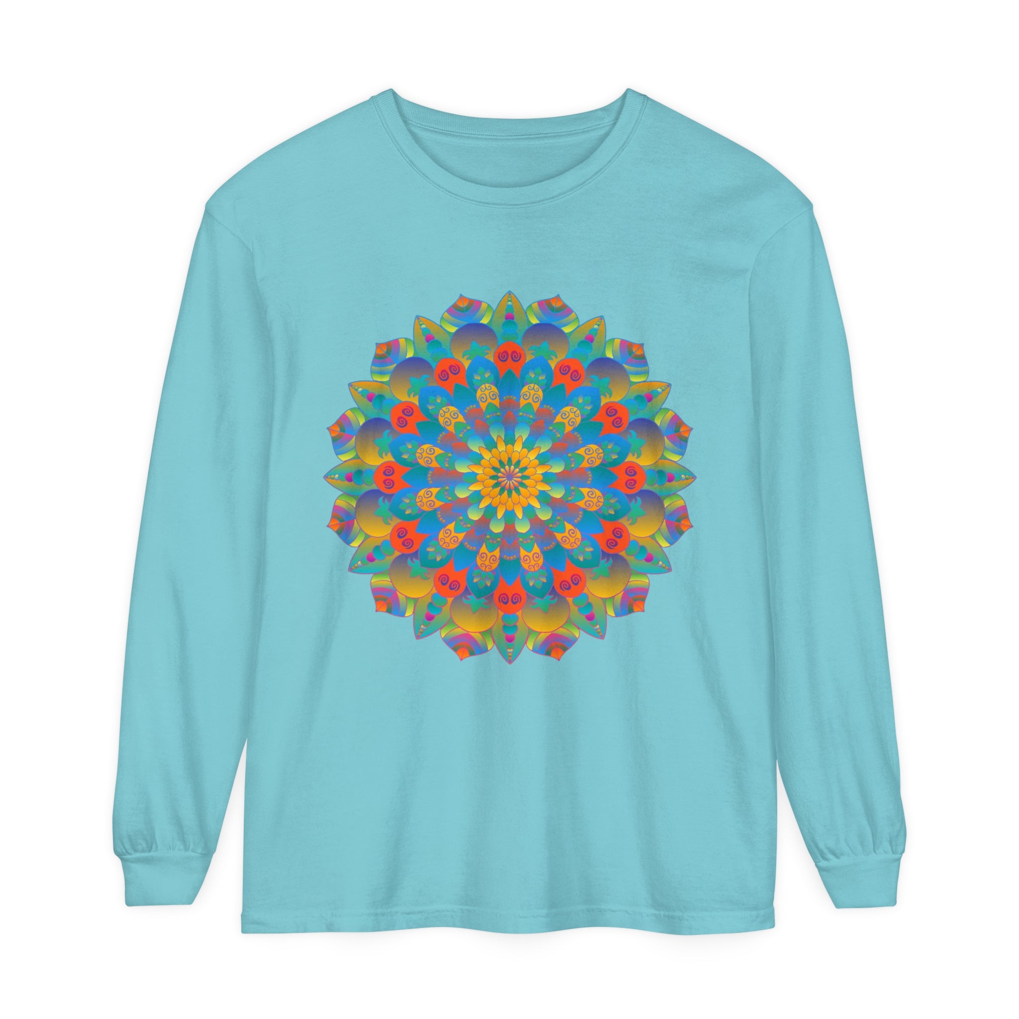 A vibrant and colorful mandala design long sleeve t-shirt for all genders