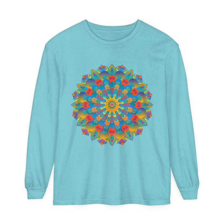 A vibrant and colorful mandala design long sleeve t-shirt for all genders