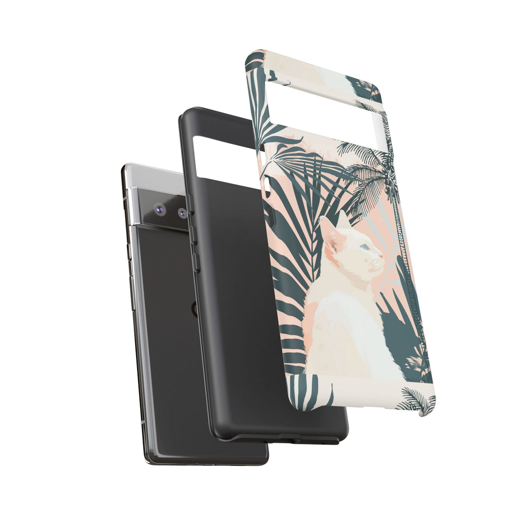 Tropische Katzen-Telefonhülle mit üppigen Palmenmotiven und sanften Pastelltönen