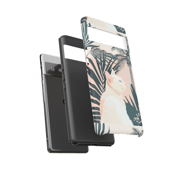 Tropische Katzen-Telefonhülle mit üppigen Palmenmotiven und sanften Pastelltönen