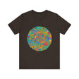 Vibrant mandala tee featuring intricate designs in calming blue and green hues