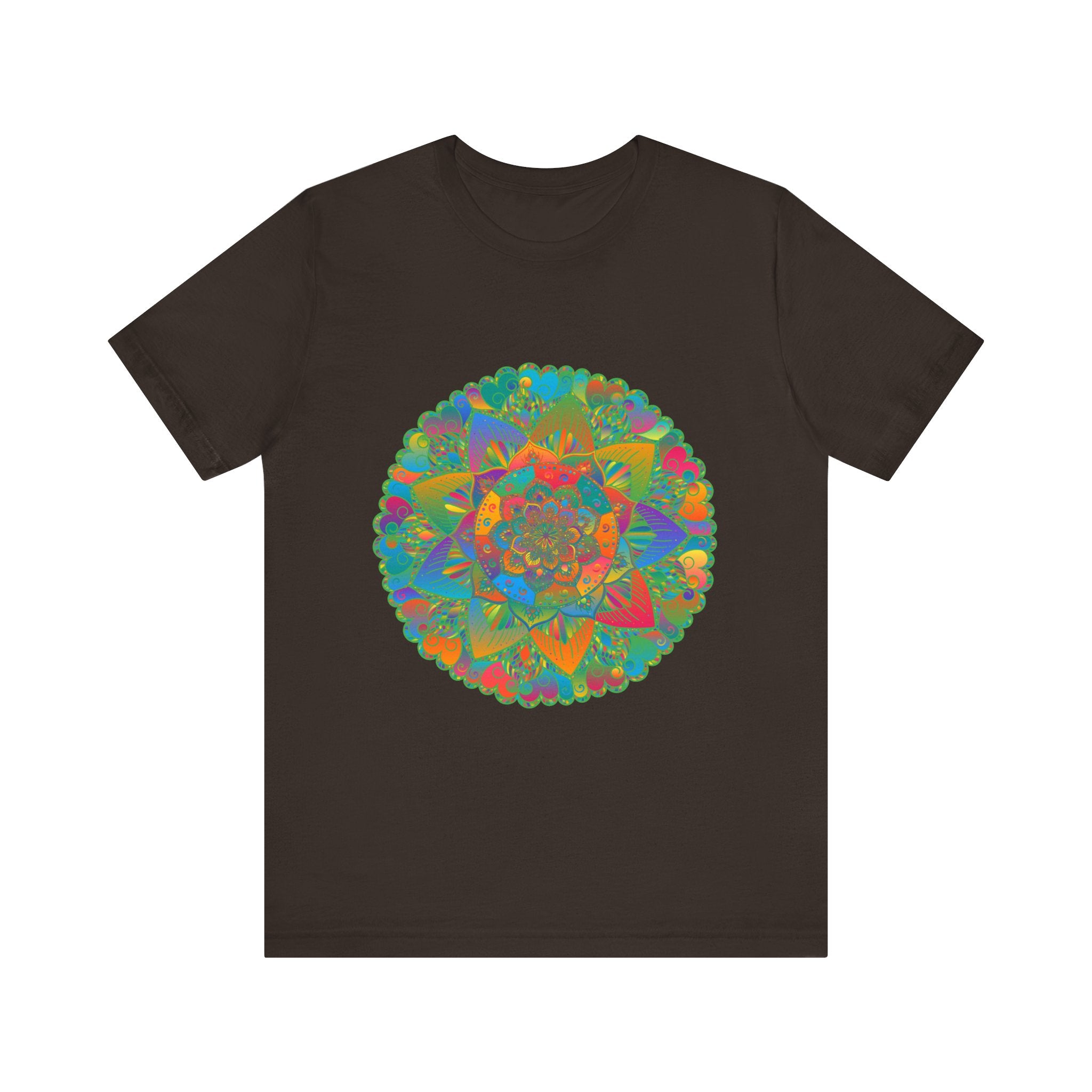 Vibrant mandala tee featuring intricate designs in calming blue and green hues