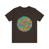 Vibrant mandala tee featuring intricate designs in calming blue and green hues