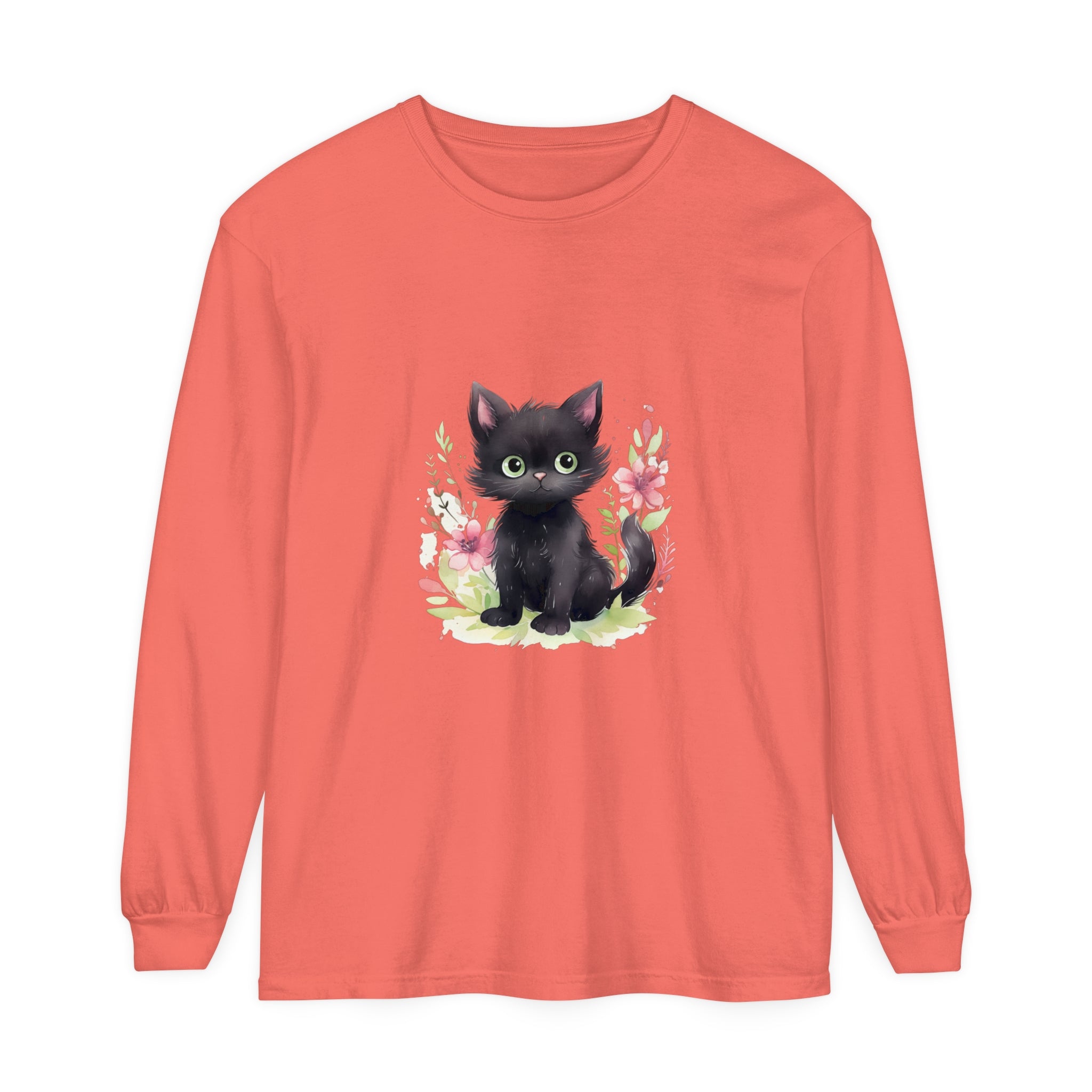 Playful Kitten Floral Watercolor T-Shirt in various sizes and colors