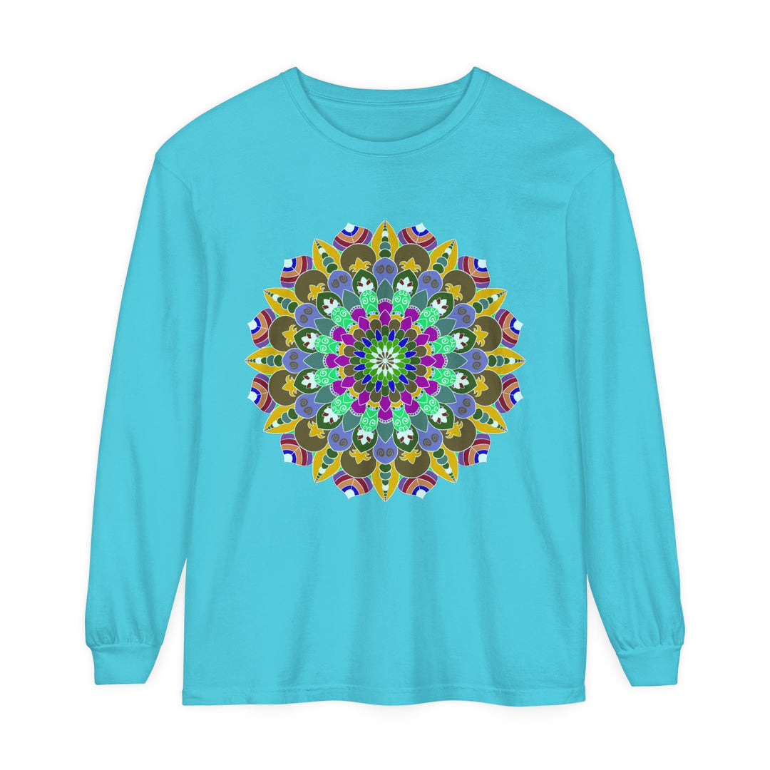 Colorful mandala long sleeve t-shirt with vibrant and intricate spiritual art