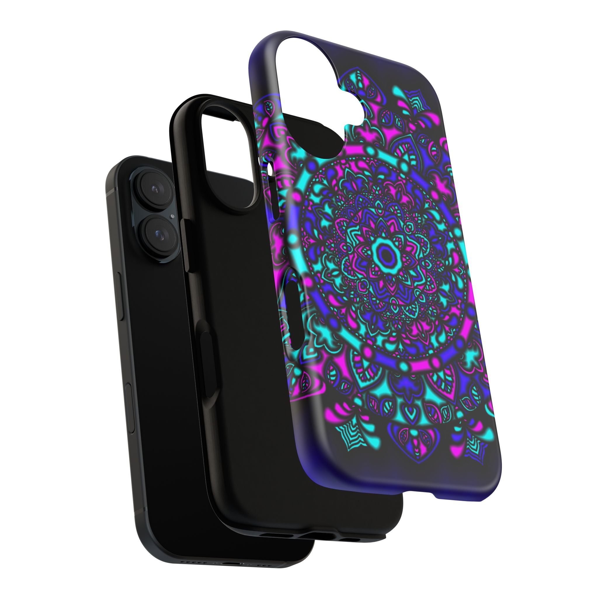 Cover protettiva resistente per telefono Mandala Neon — Viola e Verde acqua