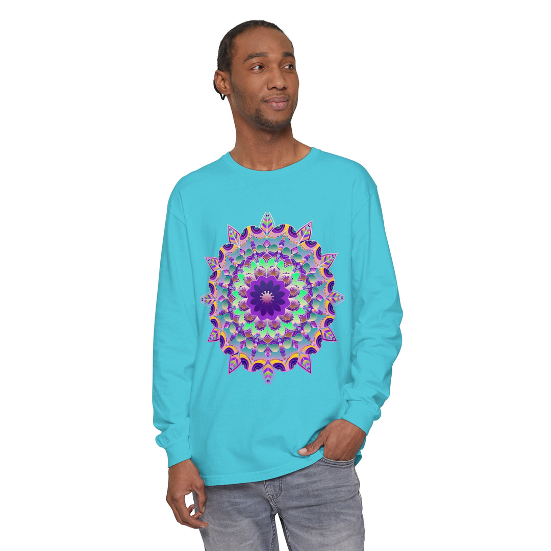 Colorful and intricate psychedelic mandala design featured on a long sleeve t-shirt