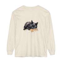 A detailed watercolor illustration of a peaceful black cat sleeping on a t-shirt