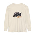 A detailed watercolor illustration of a peaceful black cat sleeping on a t-shirt