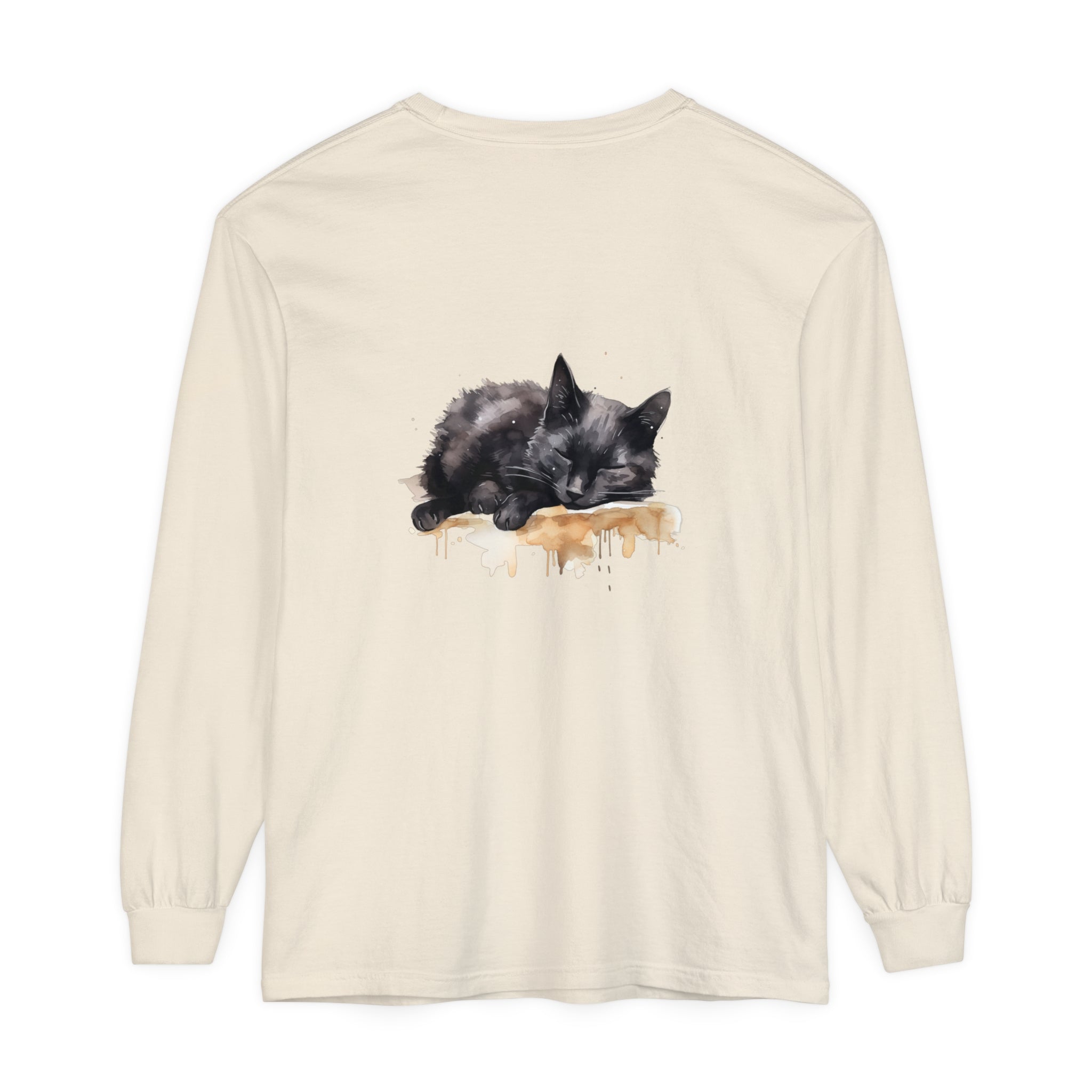 A detailed watercolor illustration of a peaceful black cat sleeping on a t-shirt