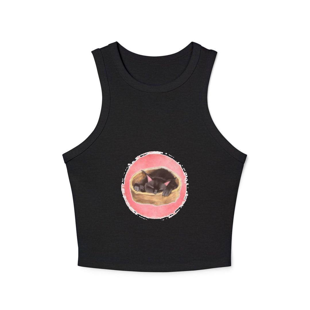 Close-up image of a black racerback tank top with a printed design of a sleeping cat, perfect for casual and comfortable wear