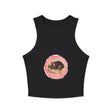 Close-up image of a black racerback tank top with a printed design of a sleeping cat, perfect for casual and comfortable wear